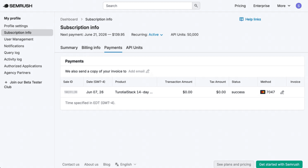 Semrush Payments tab showing a $0.00 successful transaction