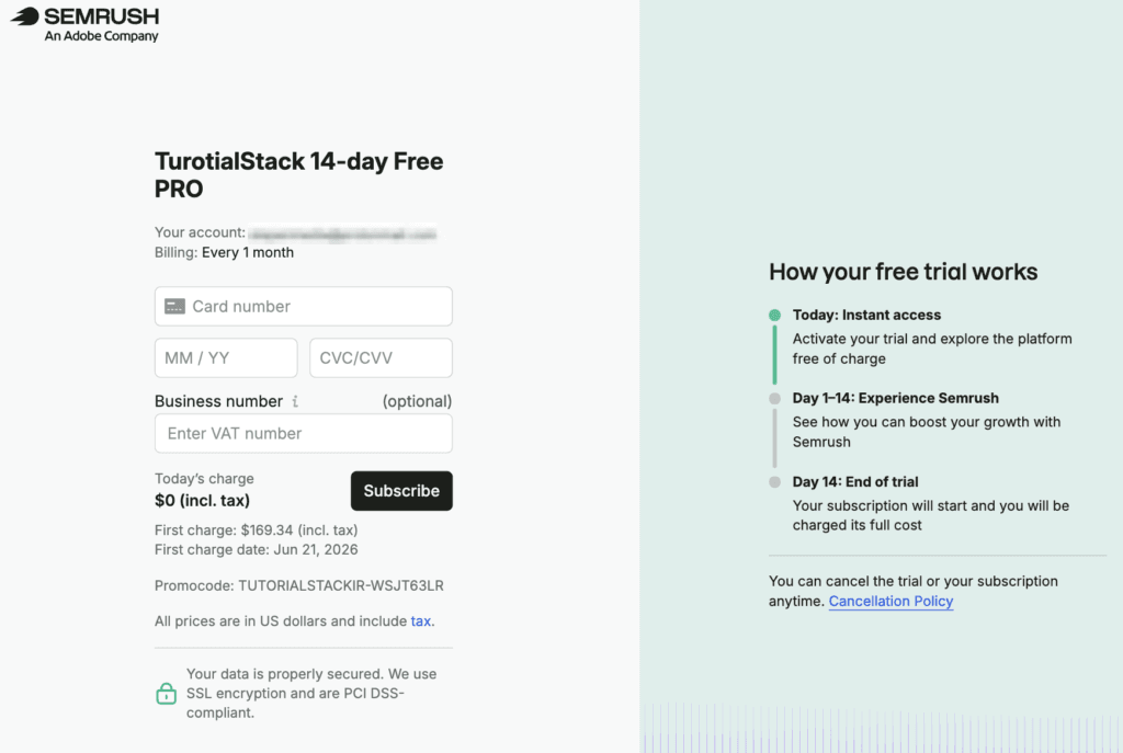 Semrush trial checkout showing $0 charged today