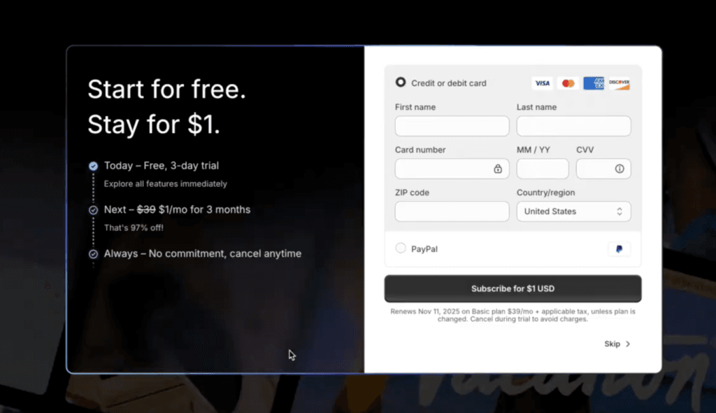 Shopify checkout showing 3-day trial then $1 per month for 3 months and a Subscribe for $1 button