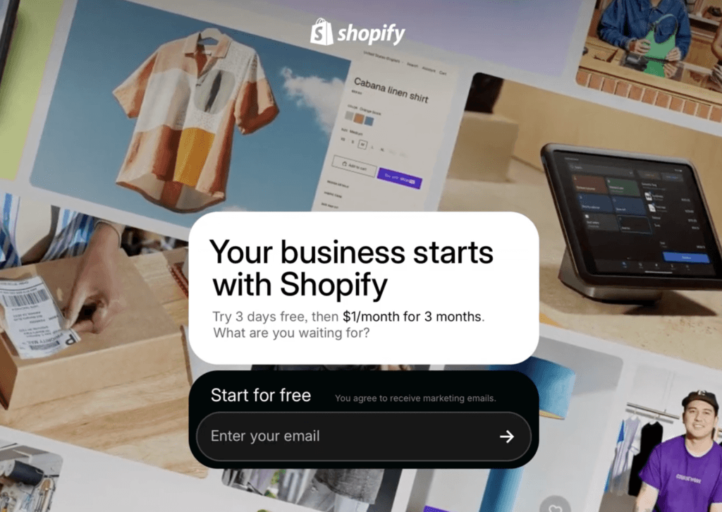Shopify start free trial page showing 3 days free then $1/month for 3 months offer
