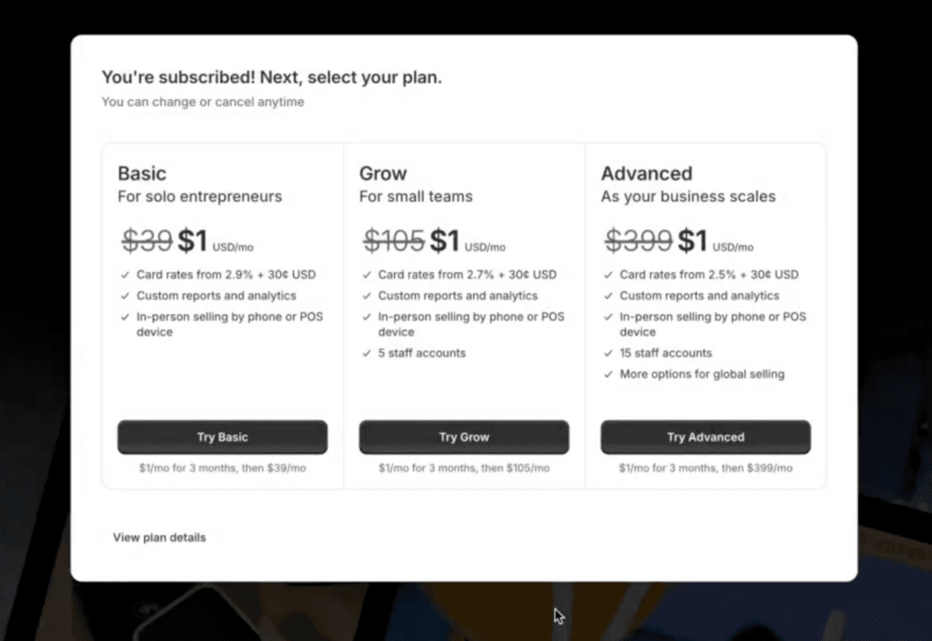 Shopify plan selection showing Basic, Grow and Advanced at $1 per month for 3 months