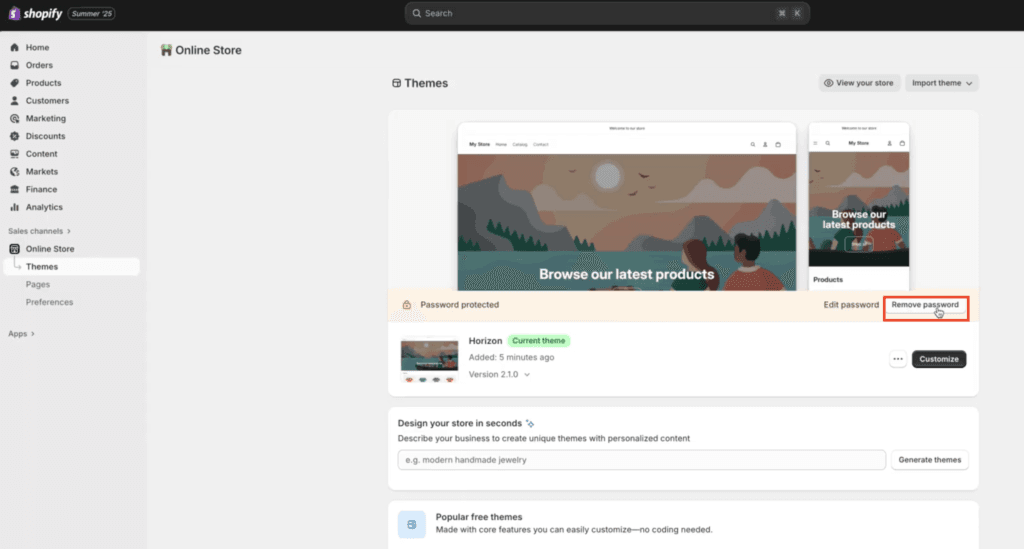 Shopify Online Store Themes screen with the Remove password button to launch the store