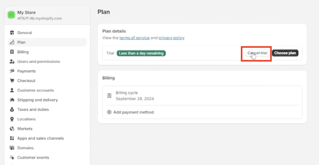 Shopify admin Plan page showing the Cancel trial button highlighted in red next to the Choose plan button