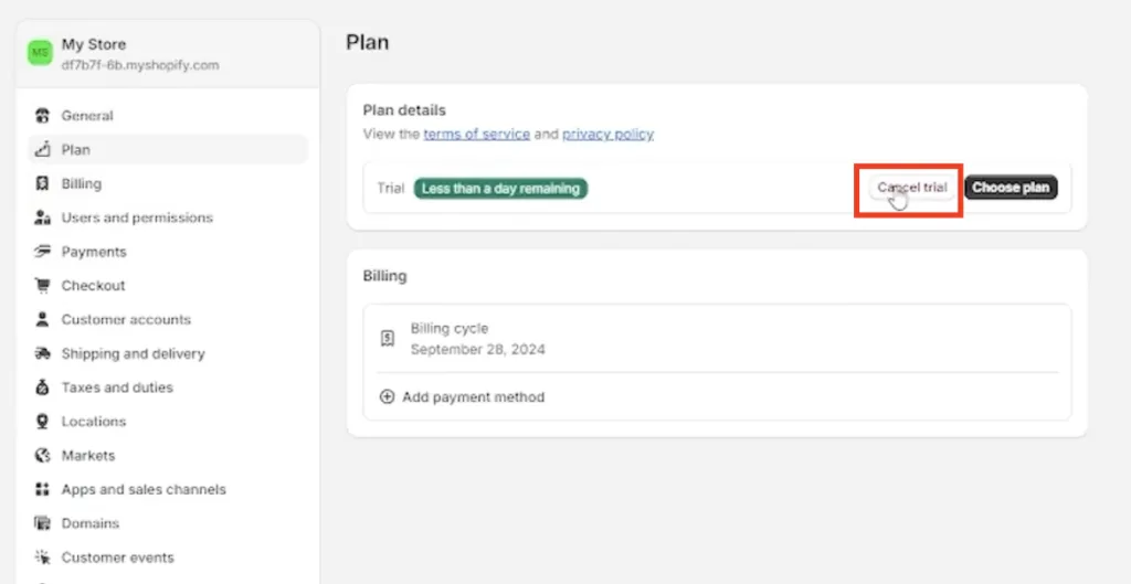 Shopify admin Plan page showing the Cancel trial button highlighted in red next to the Choose plan button