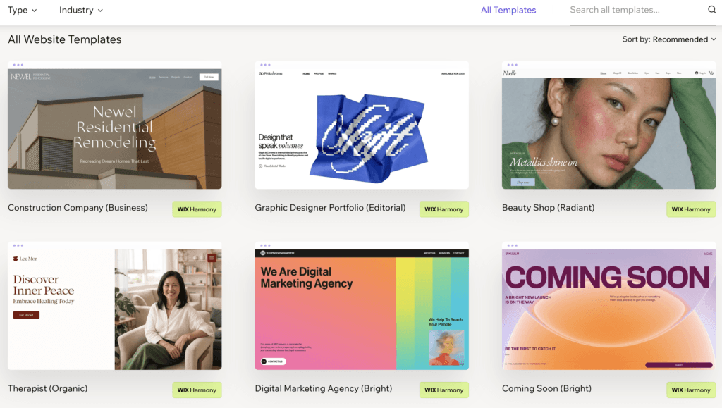 Wix template gallery showing its large library of free website templates.