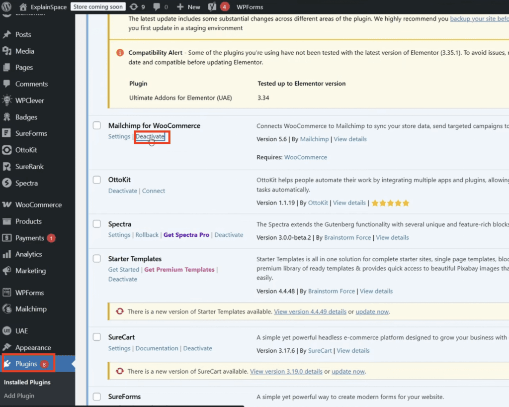 Deactivating an unused WordPress plugin to improve site speed