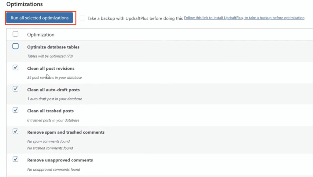 Cleaning the WordPress database with the WP-Optimize plugin