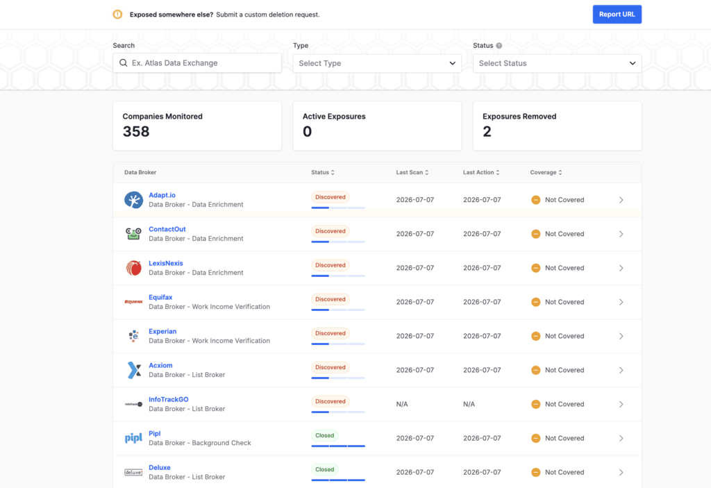 Privacy Bee data broker list showing companies like Equifax and Experian with removal status